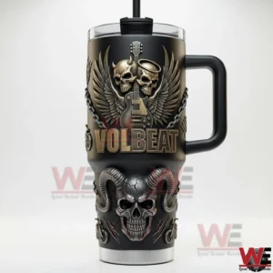 Black handled tumbler with embossed skull wings guitar and Volbeat lettering on a white background!