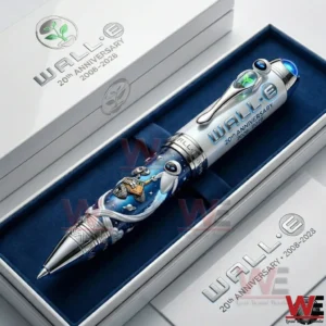 Wall E twentieth anniversary collectible pen displayed in a presentation box with space inspired details and polished metallic design!