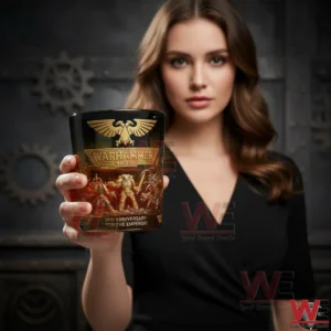 Woman holding a Warhammer forty thousand anniversary glass in a studio setting!