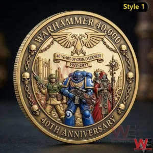 A detailed collectible coin showing armored warriors and imperial symbols in a dramatic fantasy setting!