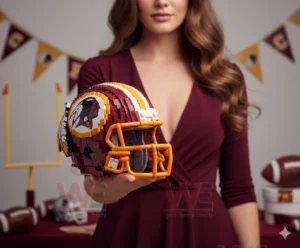 A person holding a Washington Commanders building blocks football helmet with burgundy and gold colors!