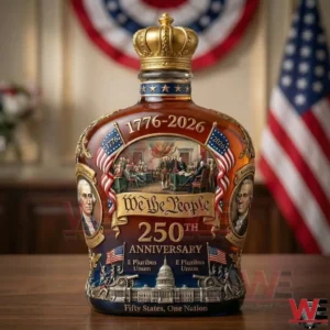 A decorative patriotic bottle with detailed artwork celebrating the United States 250th anniversary displayed on a table with an American themed background!
