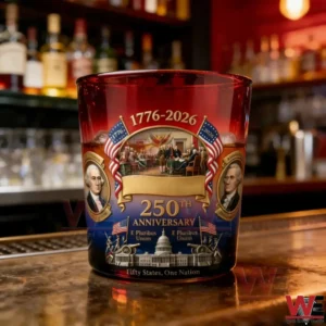 Red commemorative whiskey glass with United States two hundred fiftieth anniversary design placed on a bar surface!