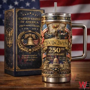 Patriotic insulated tumbler celebrating the two hundred fiftieth anniversary of the United States with We the People artwork and American flags!