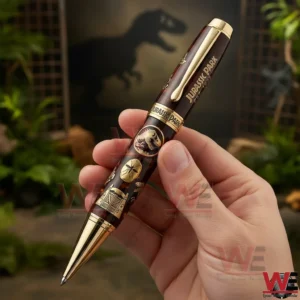 Hand holding a Jurassic Park collector pen with gold trim and dinosaur themed engravings against a jungle style background!