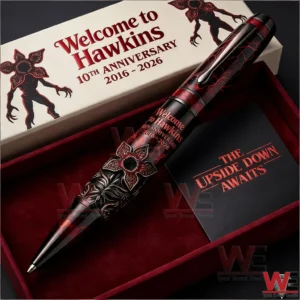 Stranger Things Welcome to Hawkins Nostalgia 10th ANniversary 2016-2026 Pen 4 Welcome To Hawkins tenth anniversary 2016 2026 collector pen in a velvet gift box with a card that says The Upside Down Awaits!