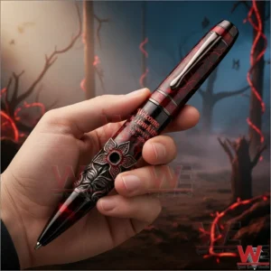 Stranger Things Welcome to Hawkins Nostalgia 10th ANniversary 2016-2026 Pen 5 Hand holding a red and black Welcome To Hawkins tenth anniversary pen in front of a dark forest scene with red glowing vines and foggy background!