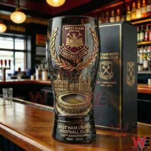 West Ham United commemorative pilsner glass with stadium base on a bar!