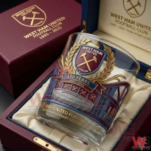 A West Ham United one hundred thirty year anniversary commemorative whiskey glass with club crest artwork stadium details and elegant gift box presentation!
