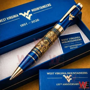 West Virginia Mountaineers anniversary ballpoint pen placed in a blue presentation box with gold accents and detailed engravings!