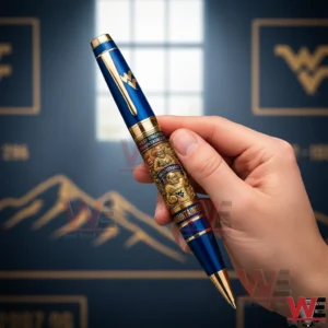 West Virginia Mountaineers anniversary ballpoint pen held by hand showing blue body gold trim and detailed emblem!