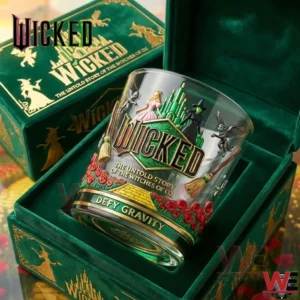Wicked themed glass resting inside a green decorative gift box with fantasy artwork!