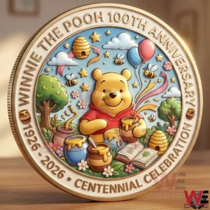 Winnie the Pooh 100th Anniversary 1926-2026 Coin 5 Close up of a Winnie the Pooh one hundredth anniversary coin featuring Pooh with honey pots bees balloons and colorful centennial artwork.