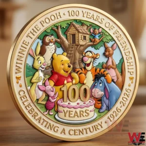 Winnie the Pooh 100th Anniversary 1926-2026 Coin 6 Close up of a Winnie the Pooh one hundredth anniversary coin showing Pooh and friends around a one hundred years cake with a tree house in the background.