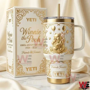 Luxury tumbler with golden decorative design cute bear illustration and matching gift box displayed in a bright elegant setting!