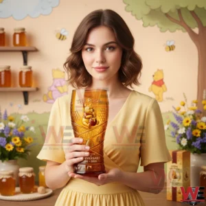 A person presenting a themed beer glass with a smiling bear holding a honey pot in a warm charming setting!