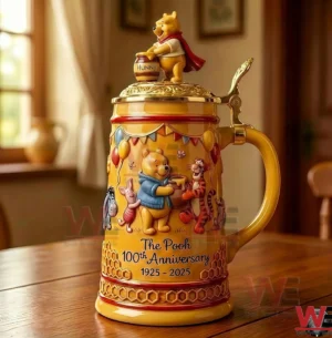 Winnie the Pooh one hundredth anniversary beer mug with character artwork decorative lid honey colors and classic storybook style!