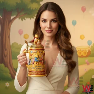 Model holding Winnie the Pooh one hundredth anniversary beer mug with colorful artwork decorative lid and playful background!