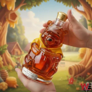 Two hands holding a honey colored bear shaped glass bottle with a gold cap and yellow shirt in front of a storybook style illustrated background!