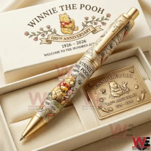Winnie the Pooh themed metal pen displayed inside a commemorative presentation box with classic storybook design!