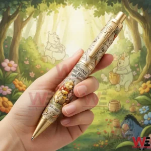 Hand holding a Winnie the Pooh themed metal pen with a storybook forest background!