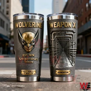 Dark Wolverine themed insulated tumblers with mask emblem Weapon X corridor design and anniversary tribute displayed on a city street!