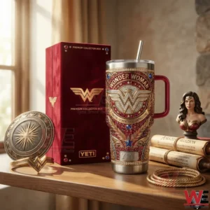 A Wonder Woman inspired tumbler with ornate design sits on a shelf next to a collector box and themed accessories!