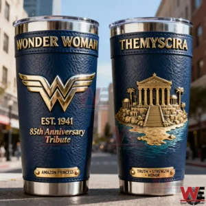 Two Wonder Woman insulated tumblers with Themyscira themed artwork standing on a city street setting!