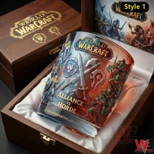World of Warcraft commemorative whiskey glass with Alliance and Horde symbols placed inside a wooden gift box with detailed fantasy artwork!