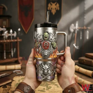 Hands holding a silver World Warcraft warrior themed insulated tumbler with handle and straw with fantasy banners and weapons in the background!