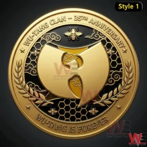 Gold commemorative coin featuring the Wu Tang Clan logo with anniversary design!