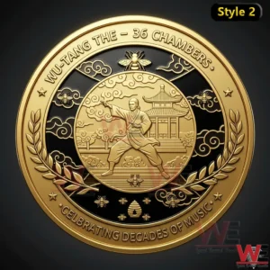 Wu-Tang Clan 35th Anniversary Commemorative Coin 5 Gold Wu Tang themed coin with martial artist and traditional architecture design!