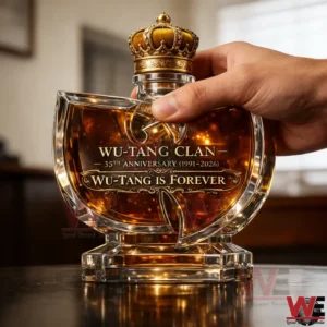 Hand holding a Wu Tang Clan whiskey bottle with crown shaped top and amber liquid inside!