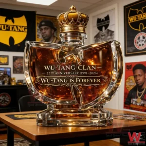 Wu Tang Clan whiskey bottle displayed on a table with music posters in the background!