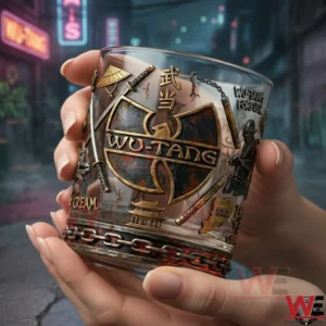 Hand holding a Wu Tang Clan themed whiskey glass with detailed martial art symbols!