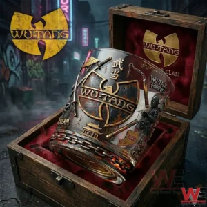 Wu Tang Clan Forever 2026 Whiskey Glass 4 Wu Tang Clan themed whiskey glass placed inside a wooden display box!