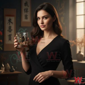 Wu Tang Clan Forever 2026 Whiskey Glass 5 Woman holding a Wu Tang Clan themed whiskey glass indoors!
