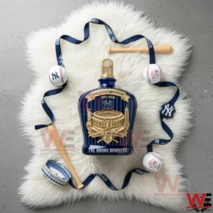 Yankees anniversary whiskey bottle displayed with baseball accessories on a decorative background highlighting team history and collector appeal!