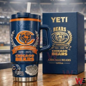 Chicago Bears themed insulated tumbler with anniversary emblem football details and matching presentation box on a wooden surface!