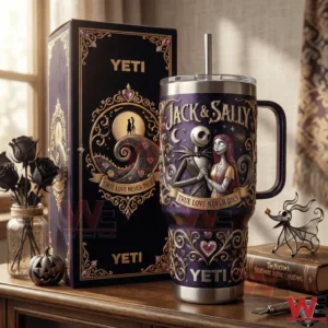 Insulated tumbler with Jack and Sally artwork and matching gift box styled with gothic decor and warm lighting!