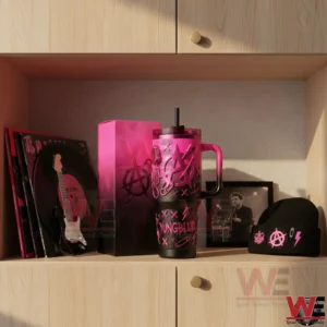 Pink and black Yungblud themed tumbler with bold raised symbols displayed on a wooden shelf with records and music accessories!