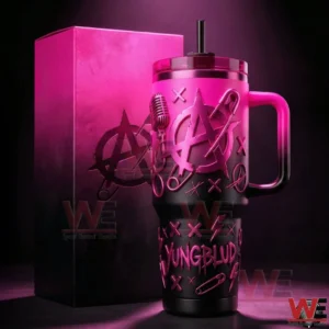 YungBlud Anarchy Circle A 40oz Tumbler 5 Yungblud themed pink and black tumbler glowing under dark studio lighting with matching box behind it!
