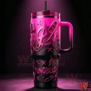 YungBlud Anarchy Circle A 40oz Tumbler 6 Close view of a Yungblud inspired tumbler with pink raised symbols and bold punk style design!