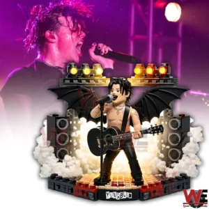 Yungblud building block figure on a concert stage with bat wings guitar microphone speakers lighting and dramatic smoke effects!