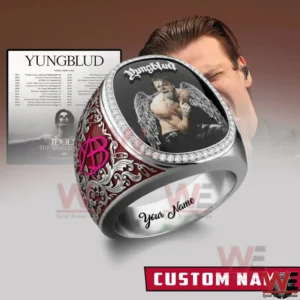 Silver custom Yungblud ring with portrait center crystal border red filigree sides pink YB monogram and personalized name engraving!