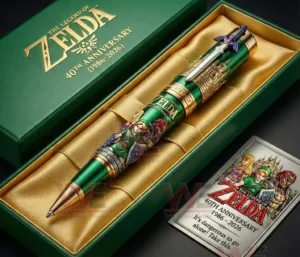 The Legend of Zelda anniversary collectible pen displayed in a green presentation box with gold details and fantasy themed artwork!