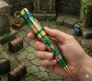 Hand holding a The Legend of Zelda anniversary collectible pen with green gold design in a fantasy adventure setting!