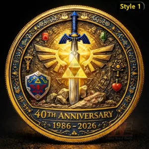 Ornate gold anniversary coin with a blue sword centered over a glowing golden triangle symbol and winged crest surrounded by engraved runes icons and the text 40th Anniversary 1986 to 2026 at the bottom!