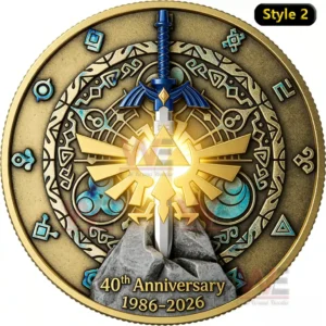 Round anniversary medallion showing a blue sword set into stone in front of a glowing golden triangle emblem with runic symbols around the rim and the words 40th Anniversary 1986 to 2026 below!