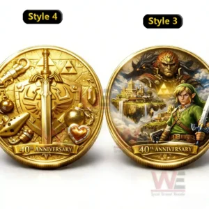 Side by side fantasy anniversary coins with one gold engraved sword design and one illustrated scene coin showing a hero and villain with a floating island and 40th Anniversary text!